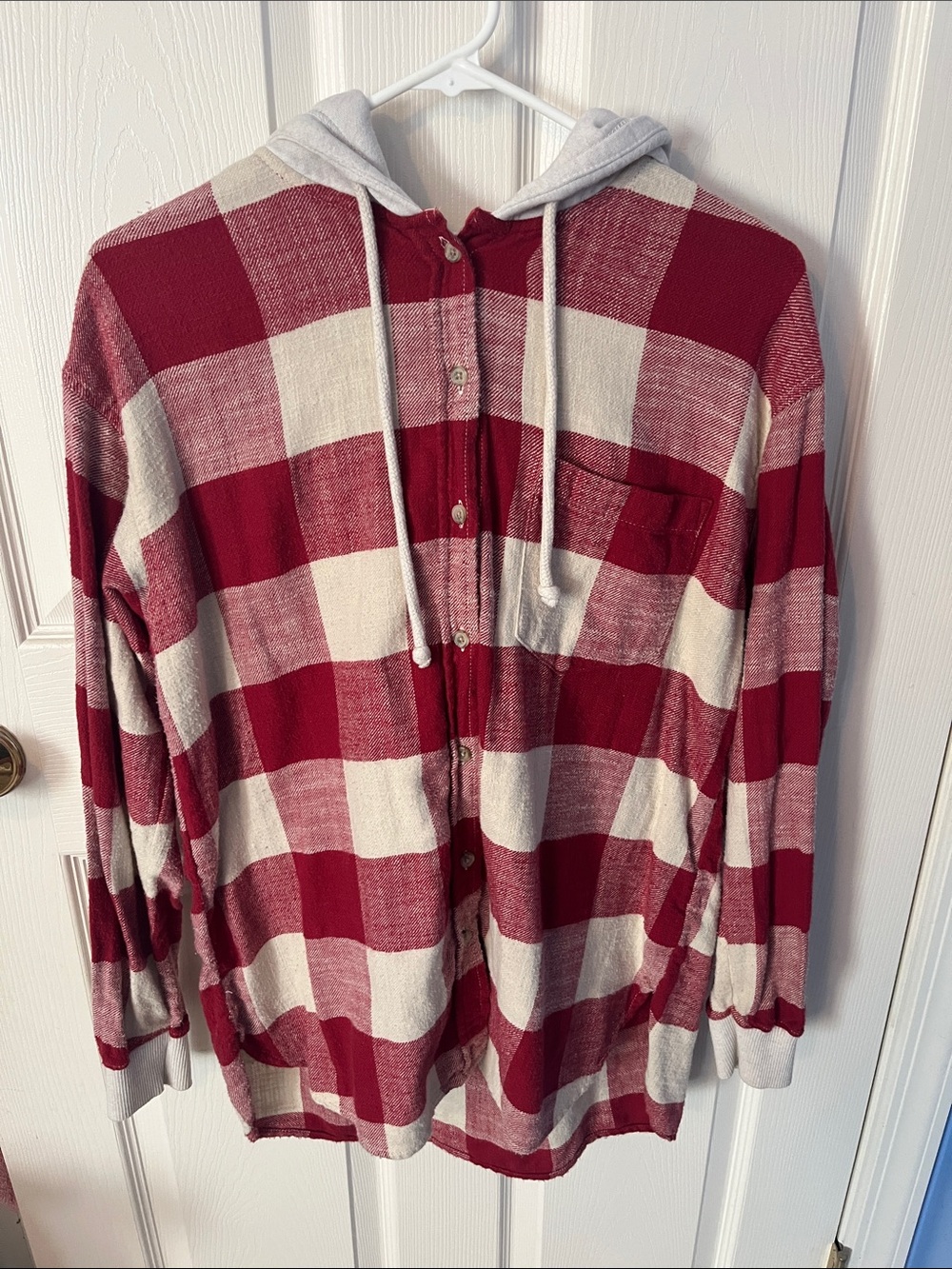 American Eagle Outfitters Red and Cream Plaid Hooded Button-Down Shirt